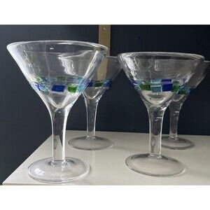 Set of 4 Mexican Handblown  Art Glass Martini Glasses Fused Blue Green Tiles